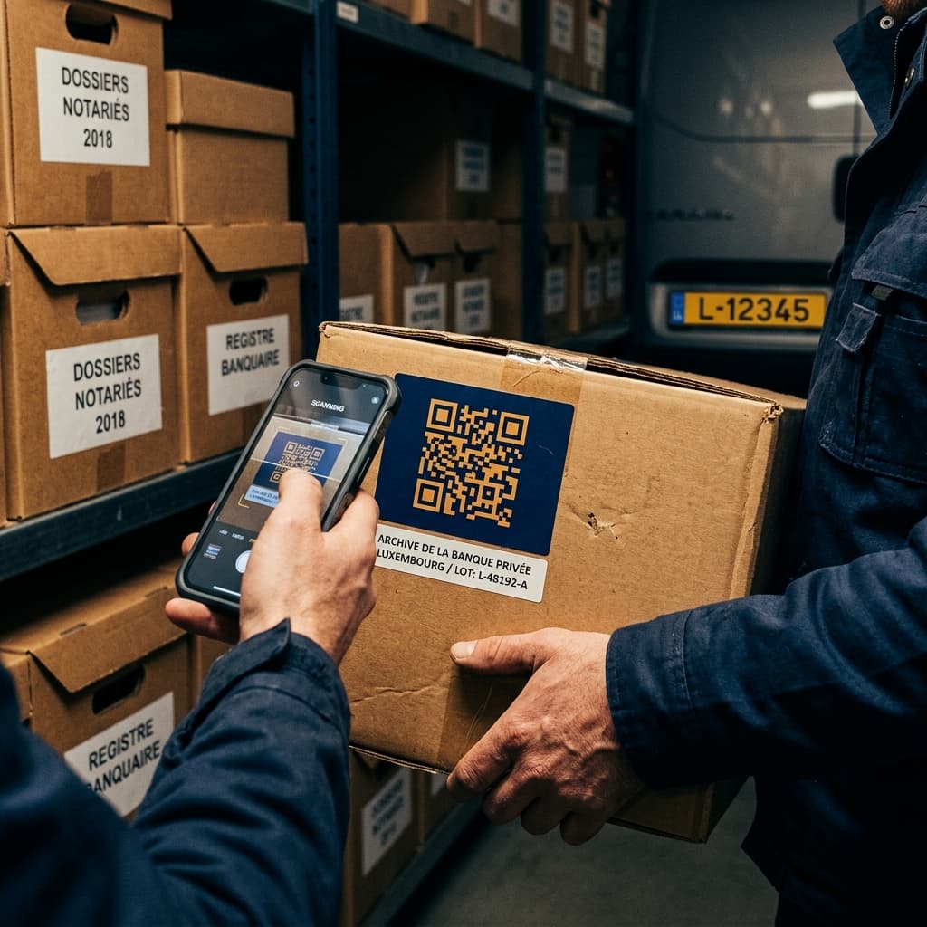 QR code collé sur carton, scanné par un technicien Federspiel pendant l’inventaire